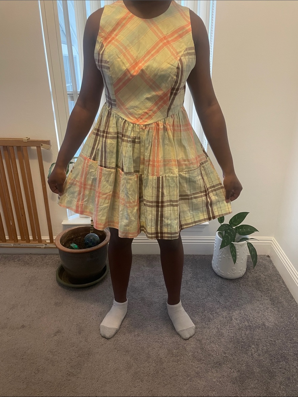 Plaid Yellow & Coral Cotton Dress with Drawstring Bag